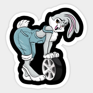 Funny mechanic bunny with a tire Sticker